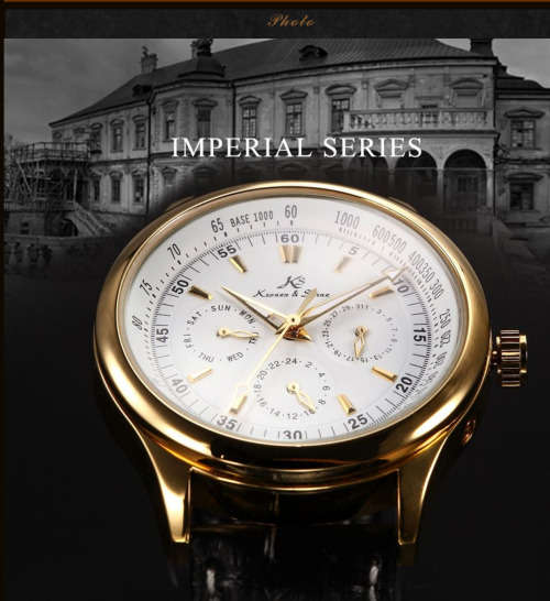 *KS Imperial*  White Dial Gold Case Automatic Mechanical Mens ** 6 Hands** Wrist Watch+Box*