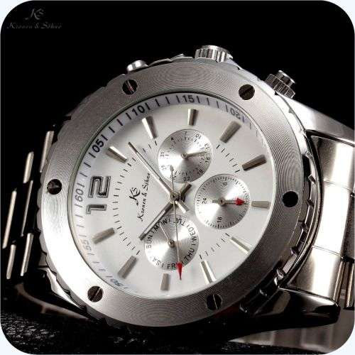 *KS White Automatic Mechanical Mens *17 Jewels* 6 Hands**All Steel Silver Wrist Watch+Box*