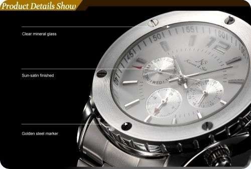 *KS White Automatic Mechanical Mens *17 Jewels* 6 Hands**All Steel Silver Wrist Watch+Box*
