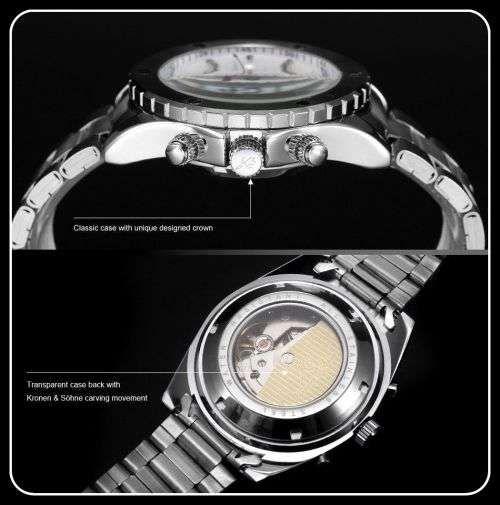 *KS White Automatic Mechanical Mens *17 Jewels* 6 Hands**All Steel Silver Wrist Watch+Box*
