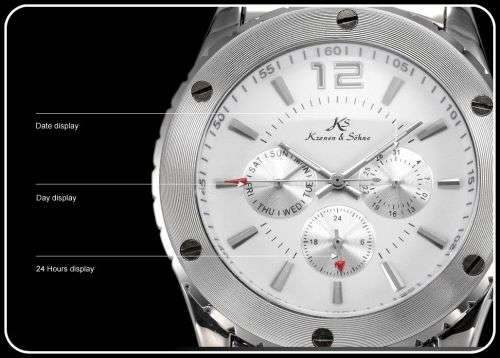 *KS White Automatic Mechanical Mens *17 Jewels* 6 Hands**All Steel Silver Wrist Watch+Box*