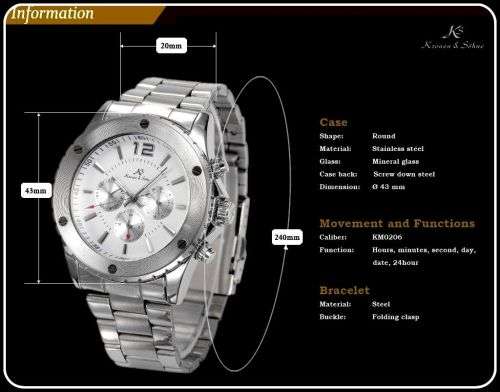 *KS White Automatic Mechanical Mens *17 Jewels* 6 Hands**All Steel Silver Wrist Watch+Box*