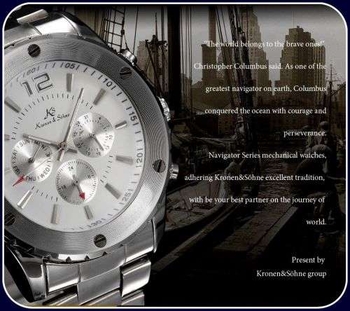 *KS White Automatic Mechanical Mens *17 Jewels* 6 Hands**All Steel Silver Wrist Watch+Box*