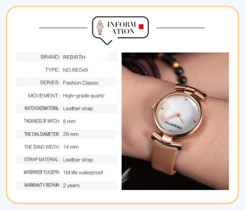 *REBIRTH BRAND RE049*  Modern Women Swiss Quality  Quartz Watch with Leather Strap