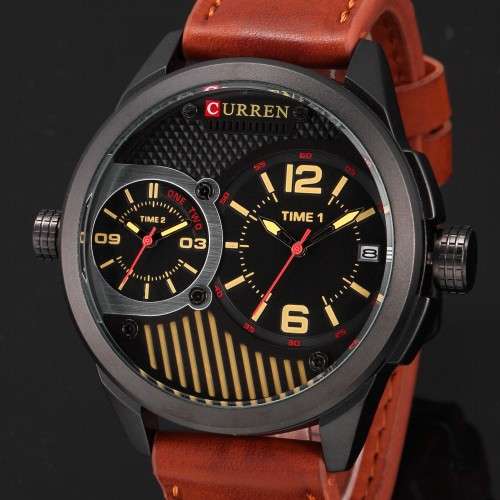 ** Big Dial* Dual Movement Curren 8249 Watch  With Calender -Black Case & Tan Strap*