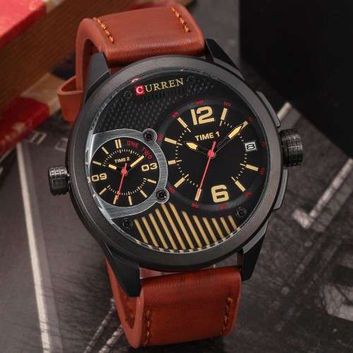 ** Big Dial* Dual Movement Curren 8249 Watch  With Calender -Black Case & Tan Strap*