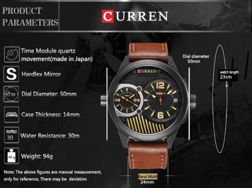 ** Big Dial* Dual Movement Curren 8249 Watch  With Calender -Black Case & Tan Strap*
