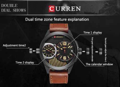 ** Big Dial* Dual Movement Curren 8249 Watch  With Calender -Black Case & Tan Strap*