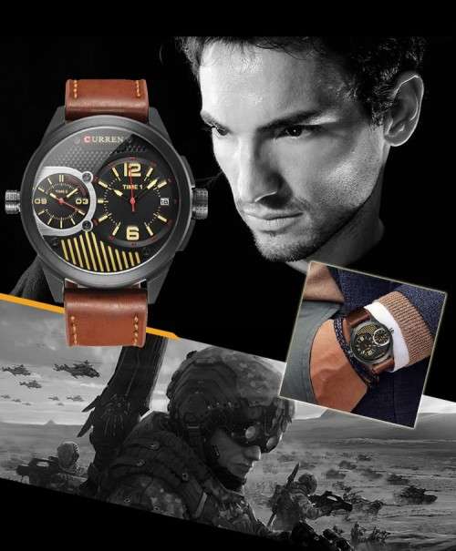 ** Big Dial* Dual Movement Curren 8249 Watch  With Calender -Black Case & Tan Strap*