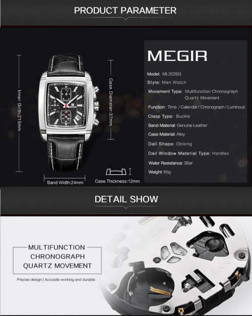 *Megir 2028 - Chronograph Watch * 6 HANDS*  Genuine Leather Strap * Black*