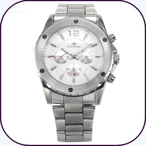 *KS White Automatic Mechanical Mens *17 Jewels* 6 Hands**All Steel Silver Wrist Watch+Box*
