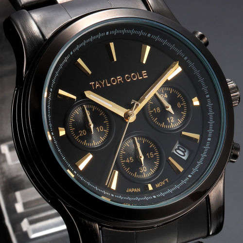 From UK*  Taylor Cole Lady *6 Hands Mulifunction* Black/Gold Steel Band Bracelet Luxury Watch*