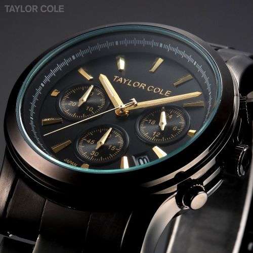 From UK*  Taylor Cole Lady *6 Hands Mulifunction* Black/Gold Steel Band Bracelet Luxury Watch*
