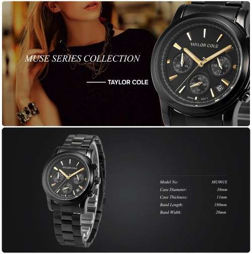 From UK*  Taylor Cole Lady *6 Hands Mulifunction* Black/Gold Steel Band Bracelet Luxury Watch*
