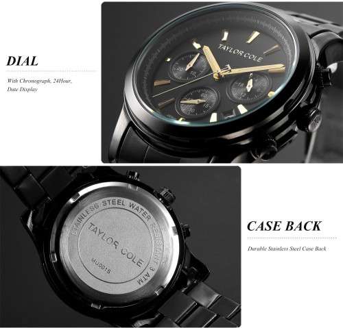 From UK*  Taylor Cole Lady *6 Hands Mulifunction* Black/Gold Steel Band Bracelet Luxury Watch*