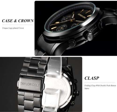 From UK*  Taylor Cole Lady *6 Hands Mulifunction* Black/Gold Steel Band Bracelet Luxury Watch*