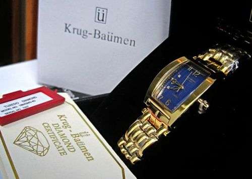 **NEW RRP £585 **Ladies*Krug-Baumen 1964DLG Tuxedo Gold 4 Diamond Blue Dial Gold Strap
