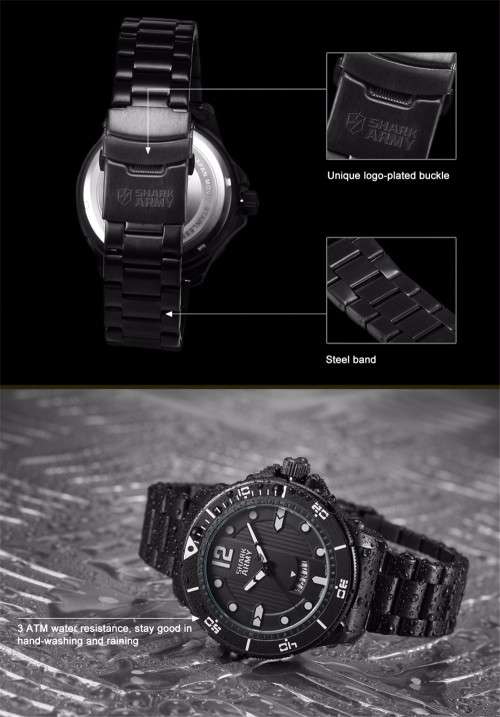 *** SHARK ARMY "VOODOO II" ALL STEEL Date Day Men Analog Wrist Sport Watch*