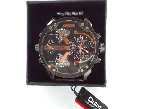 Oulm Brand**Massive DiaL Military Dual Movt Men Quartz Watch with Stainless Steel Band  - Black