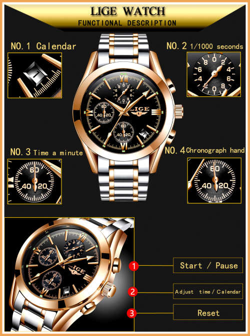 ** CLASSIC -  Relogio Masculion LIGE 9839 Top Luxury All Steel *6 Hands* Chronograph Watch Men