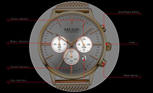 Megir 2011L  - Ladies  Chronograph Watch * 6 HANDS* ROSE GOLD