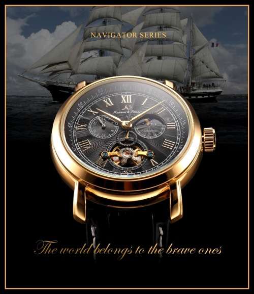 *KS NAVIGATOR TOURBILLON*Black Dial Gold Case Automatic Mechanical Mens * 6 Hands* Wrist Watch