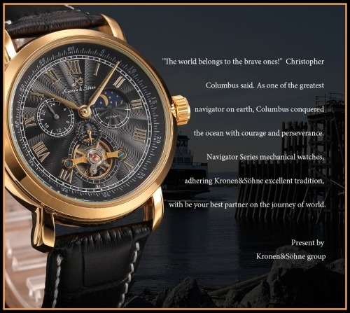 *KS NAVIGATOR TOURBILLON*Black Dial Gold Case Automatic Mechanical Mens * 6 Hands* Wrist Watch