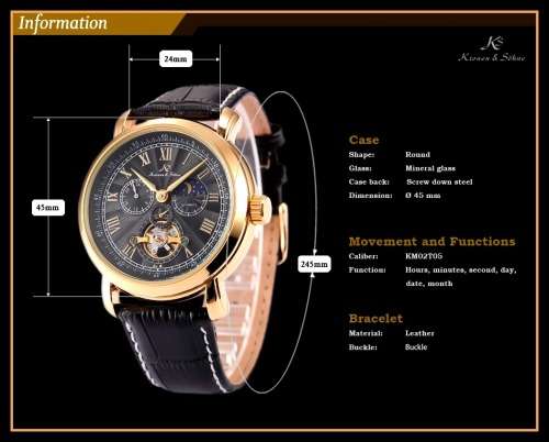 *KS NAVIGATOR TOURBILLON*Black Dial Gold Case Automatic Mechanical Mens * 6 Hands* Wrist Watch