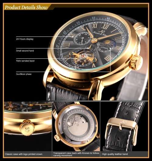 *KS NAVIGATOR TOURBILLON*Black Dial Gold Case Automatic Mechanical Mens * 6 Hands* Wrist Watch