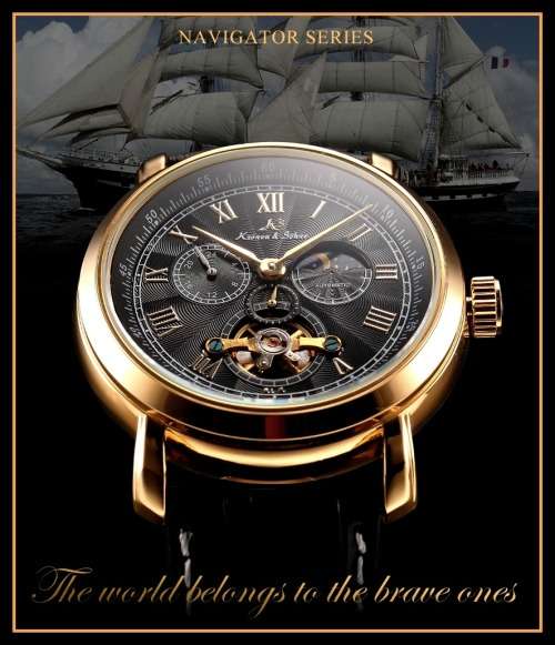*KS NAVIGATOR TOURBILLON*Black Dial Gold Case Automatic Mechanical Mens * 6 Hands* Wrist Watch