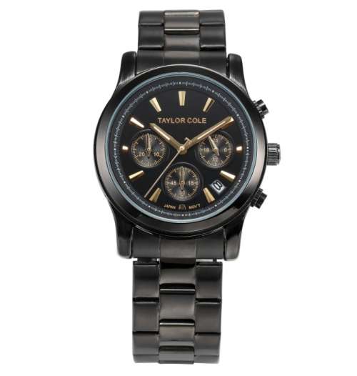 From UK*  Taylor Cole Lady *6 Hands Mulifunction* Black/Gold Steel Band Bracelet Luxury Watch*