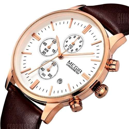 *  Megir 2011 - Chronograph Watch * 6 HANDS*Genuine Brown Leather Strap*