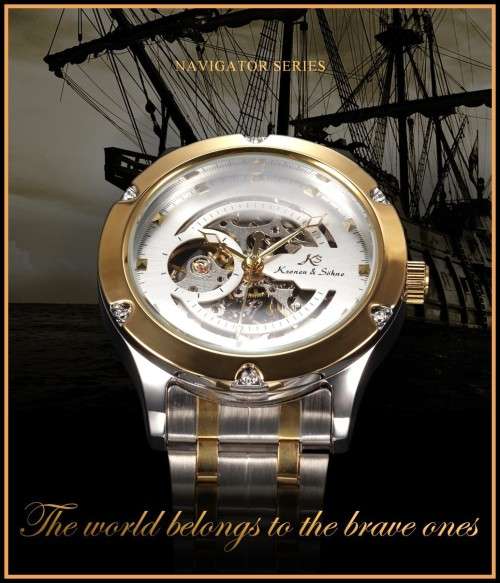 *KS Navigator Mens Stainless Steel Skeleton Dial Automatic Mechanical Sport Watch