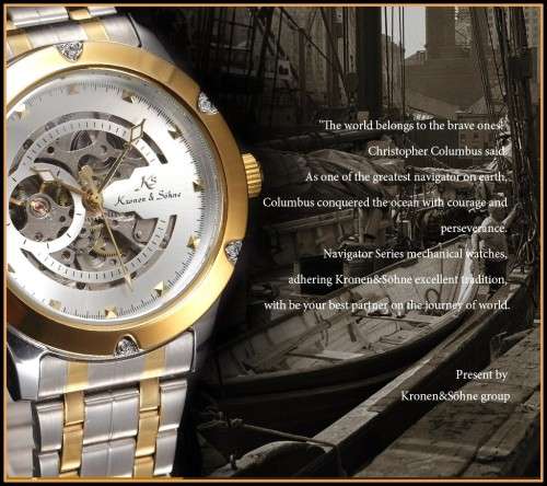 *KS Navigator Mens Stainless Steel Skeleton Dial Automatic Mechanical Sport Watch