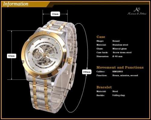 *KS Navigator Mens Stainless Steel Skeleton Dial Automatic Mechanical Sport Watch