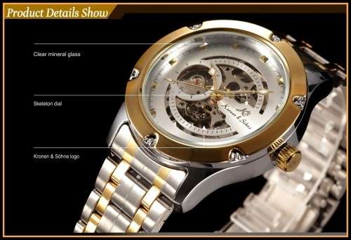 *KS Navigator Mens Stainless Steel Skeleton Dial Automatic Mechanical Sport Watch