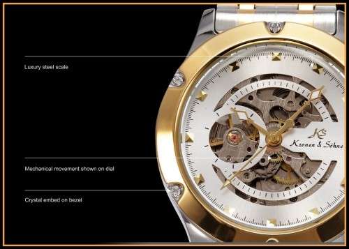 *KS Navigator Mens Stainless Steel Skeleton Dial Automatic Mechanical Sport Watch