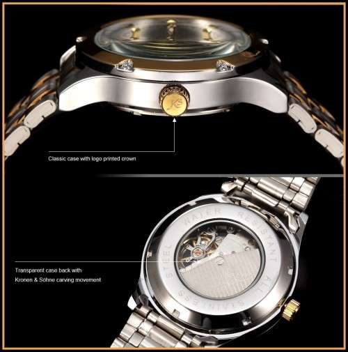 *KS Navigator Mens Stainless Steel Skeleton Dial Automatic Mechanical Sport Watch