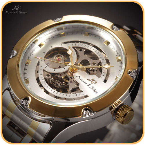 *KS Navigator Mens Stainless Steel Skeleton Dial Automatic Mechanical Sport Watch