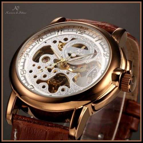 *KS Carving Series*  Brown Mechanical Mens Wrist Watch+Box & Papers