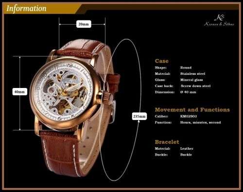 *KS Carving Series*  Brown Mechanical Mens Wrist Watch+Box & Papers