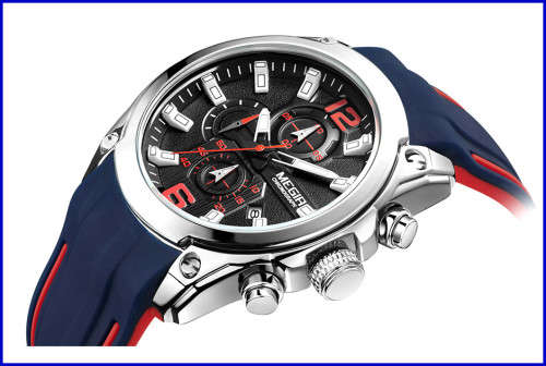 *Megir 2063G -*Big Dial* Multifunction  Chronograph Watch * 6 HANDS* Rubber Strap*