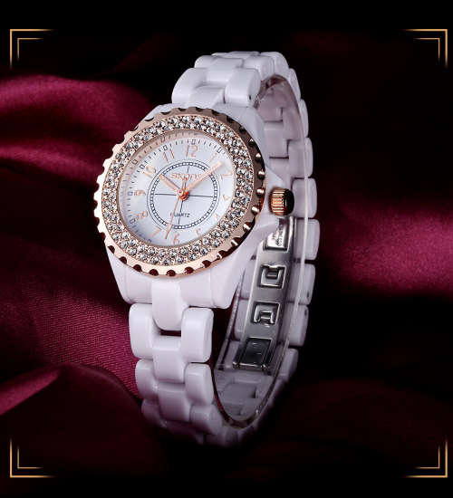 **SKONE BRAND 5003* BIG DIAL* Crystal Splendor Quartz Watch with Ceramic Band* *