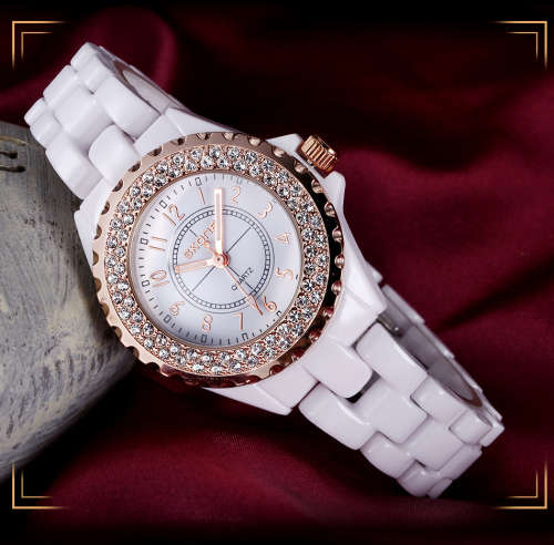 **SKONE BRAND 5003* BIG DIAL* Crystal Splendor Quartz Watch with Ceramic Band* *