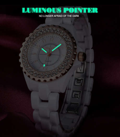 **SKONE BRAND 5003* BIG DIAL* Crystal Splendor Quartz Watch with Ceramic Band* *