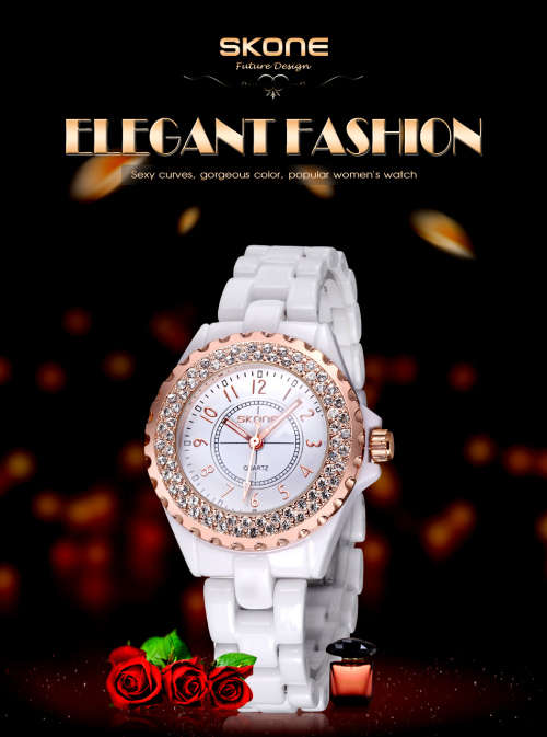 **SKONE BRAND 5003* BIG DIAL* Crystal Splendor Quartz Watch with Ceramic Band* *