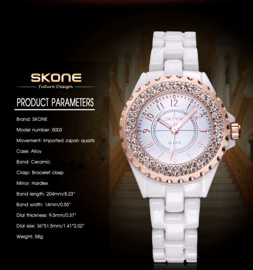 **SKONE BRAND 5003* BIG DIAL* Crystal Splendor Quartz Watch with Ceramic Band* *