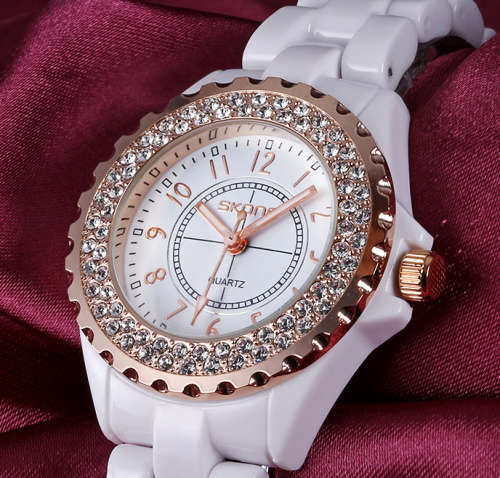 **SKONE BRAND 5003* BIG DIAL* Crystal Splendor Quartz Watch with Ceramic Band* *