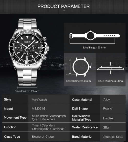 Classic*  Megir 2064G -All Steel  -Chronograph 6 Hands.