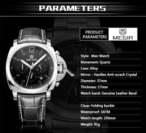 **FREE SHIPPING Megir Brand Top Watch** Silver Case  Luxury Men* 6 Hands * Quartz Wristwatch CHRONO*